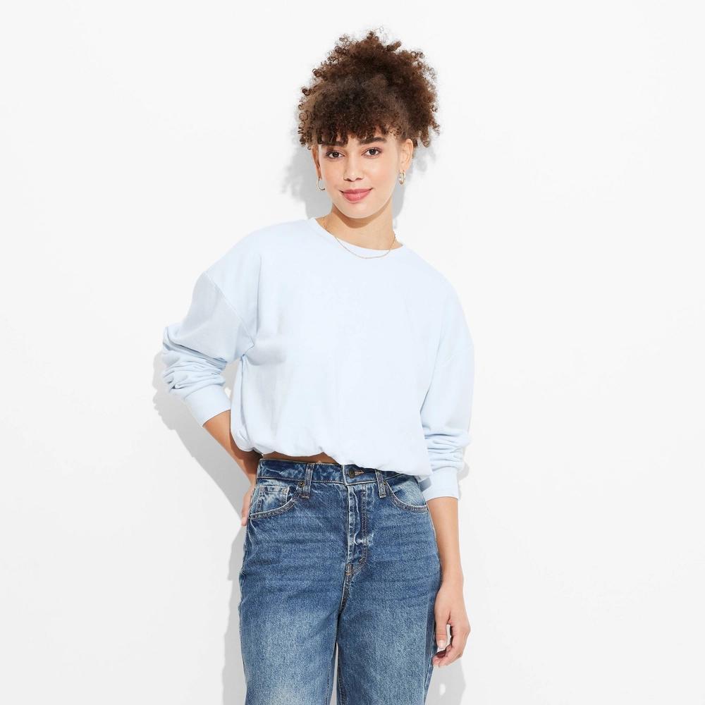 Womens Bubble Hem Sweatshirt - Wild Fable Light Blue XL: Cotton Blend, Recycled Polyester, Spandex, Crew Neck, Long Sleeve Product Image