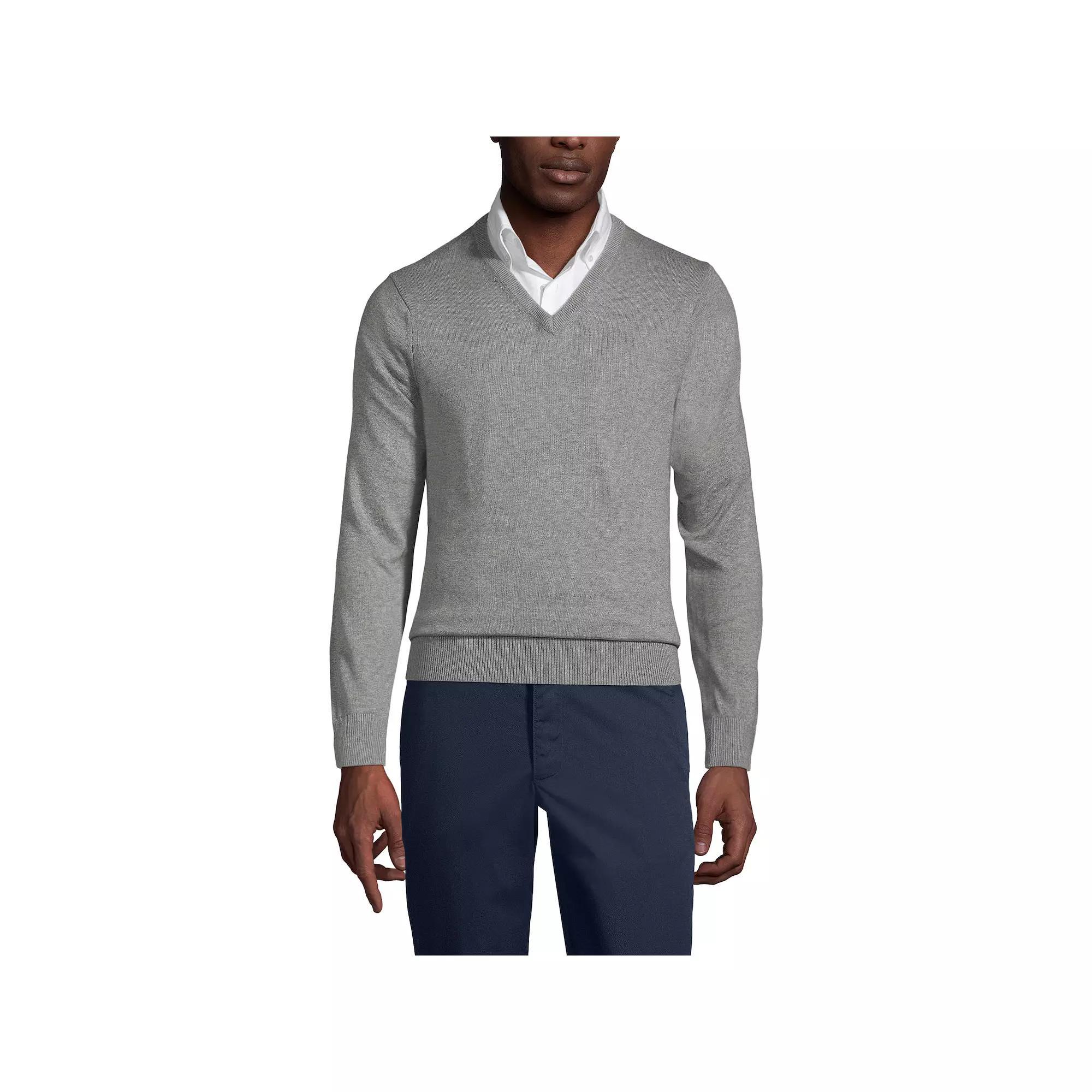 Men's Lands' End School Uniform Fine Gauge V-neck Sweater, Size: Small, Coal Grey Product Image