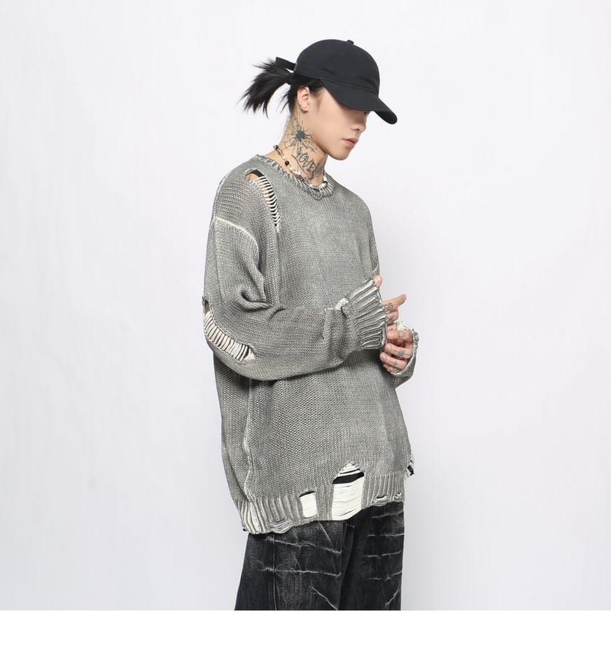 Crew Neck Tie Dye Distressed Sweater Product Image
