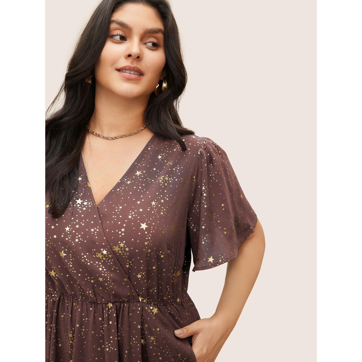 Moon and Star Galaxy Print Plus Size Dress Women Party Pocket Ruffle Sleeve Short Sleeve V Neck Pocket Going out Long Dress BloomChic Product Image