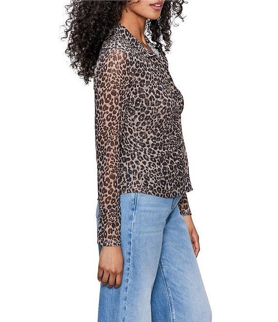 Sanctuary Dreamgirl Print Mesh Point Collar Neck Long Sleeve Ruched Button Front Top Product Image