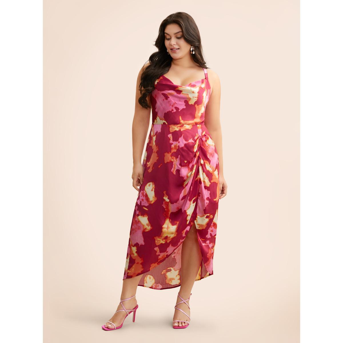 Plus Size Colorblock Contrast Shirred Pleated Dress RedViolet Women Formal Gathered Cowl Neck Sleeveless Curvy BloomChic 10/M Product Image