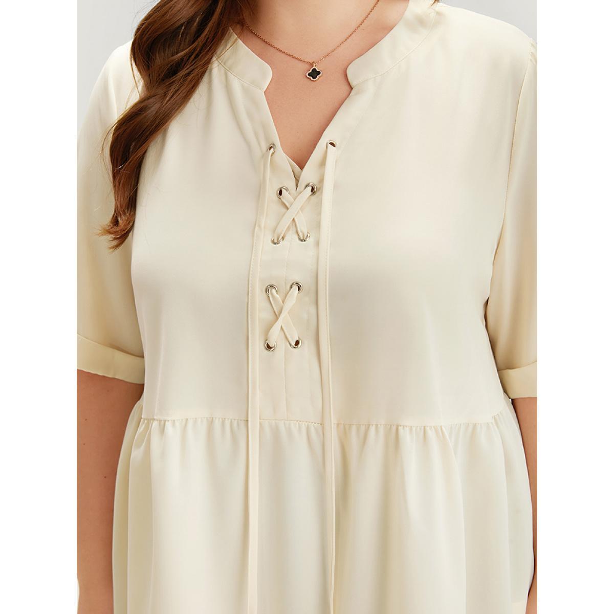 Plus Size Ivory Anti-Wrinkle Lace Up Notched Gathered Blouse Women Office Half Sleeve Tie Neck Work Blouses BloomChic 28/5X Product Image