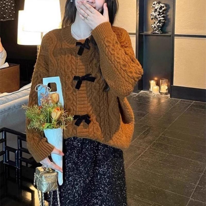Long Sleeve Bow Accent Cable-Knit Loose-Fit Cardigan Product Image