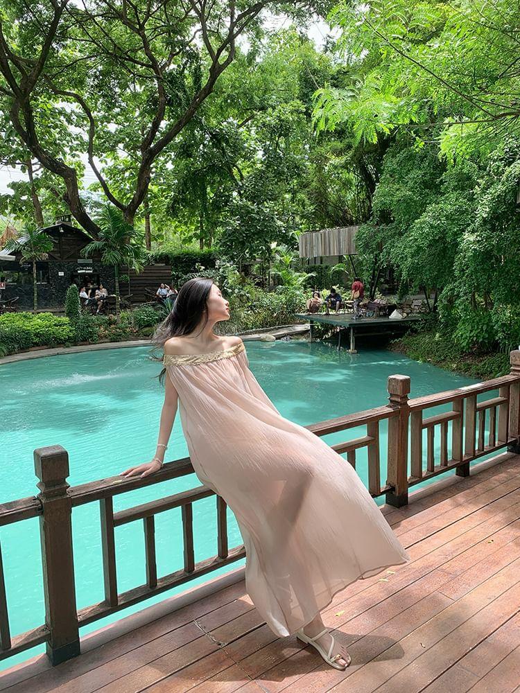 Off-Shoulder Sequin Panel Sheer Maxi Tunic Dress Product Image