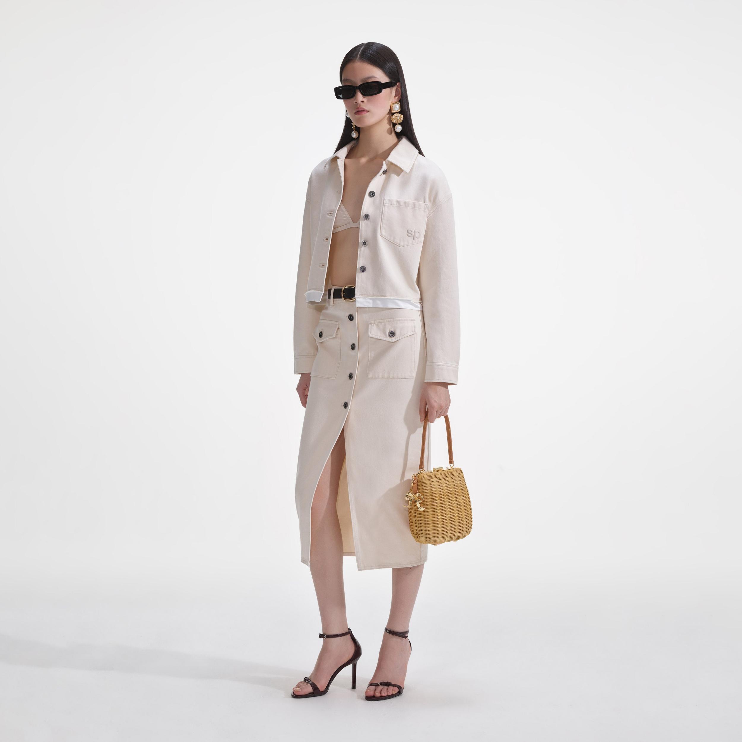 Cream Denim Midi Skirt Product Image