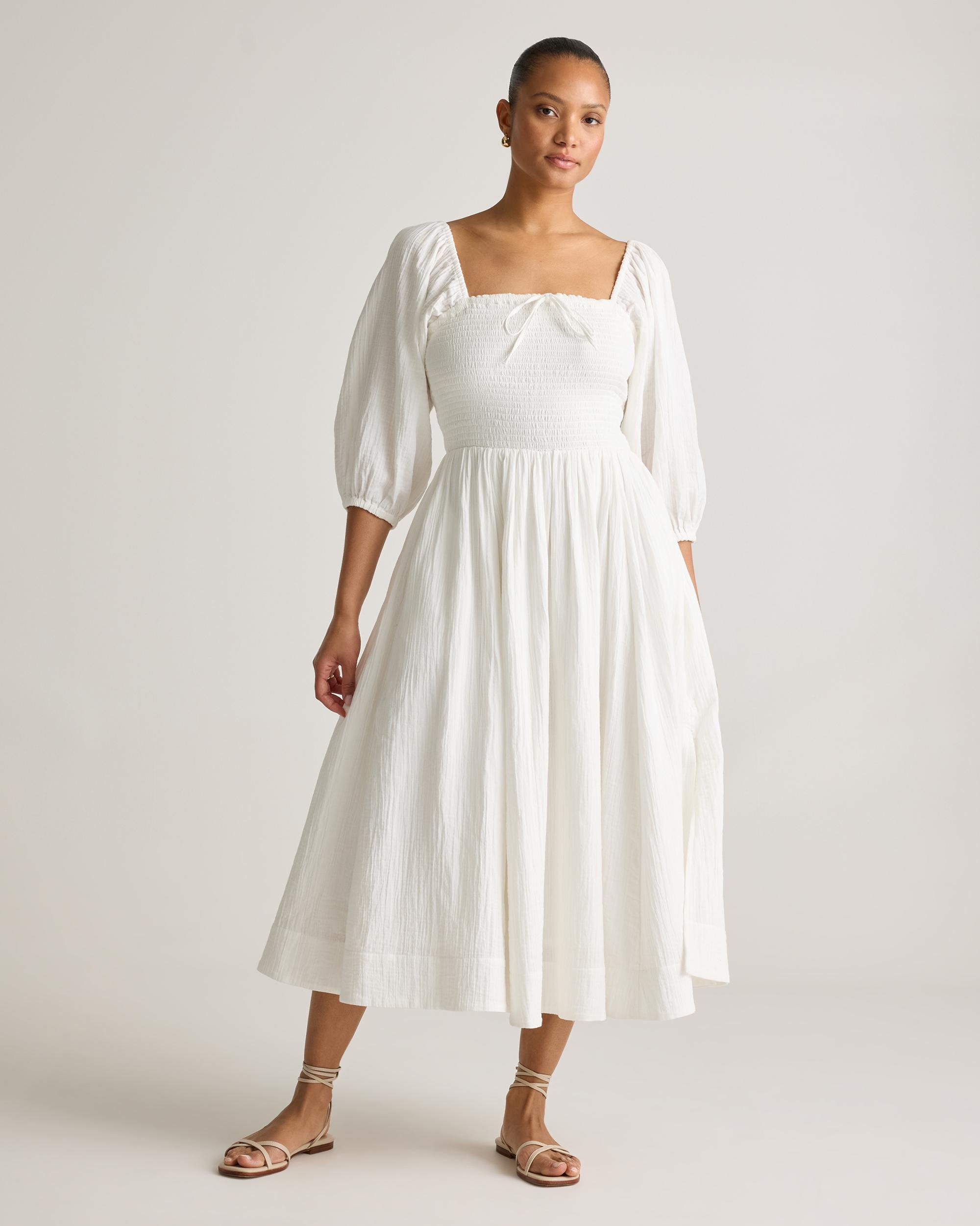 Quince | Women's Gauze Smocked Square Neck Midi Dress Organic Cotton Product Image