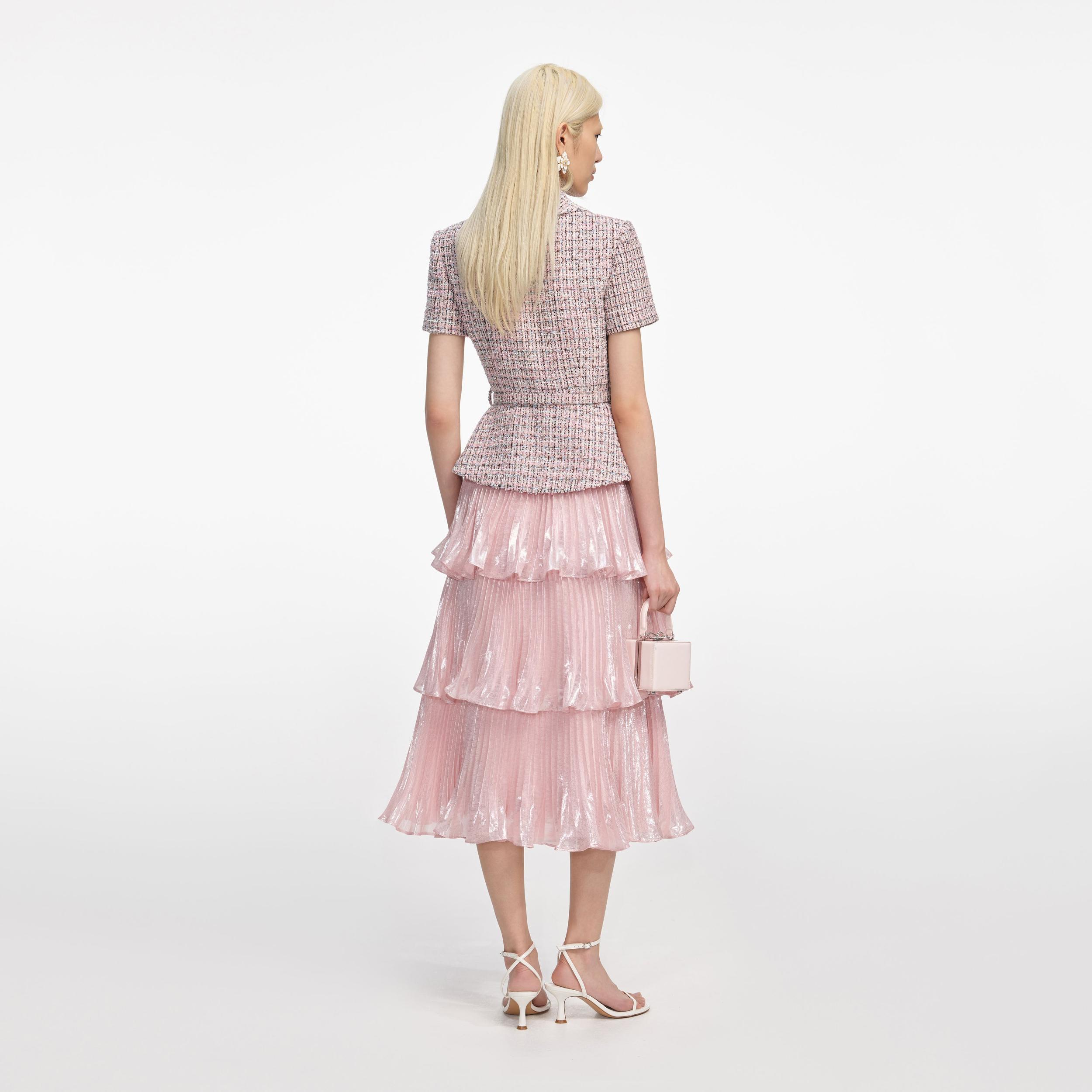 Pink Boucle Metallic Tiered Midi Dress Product Image