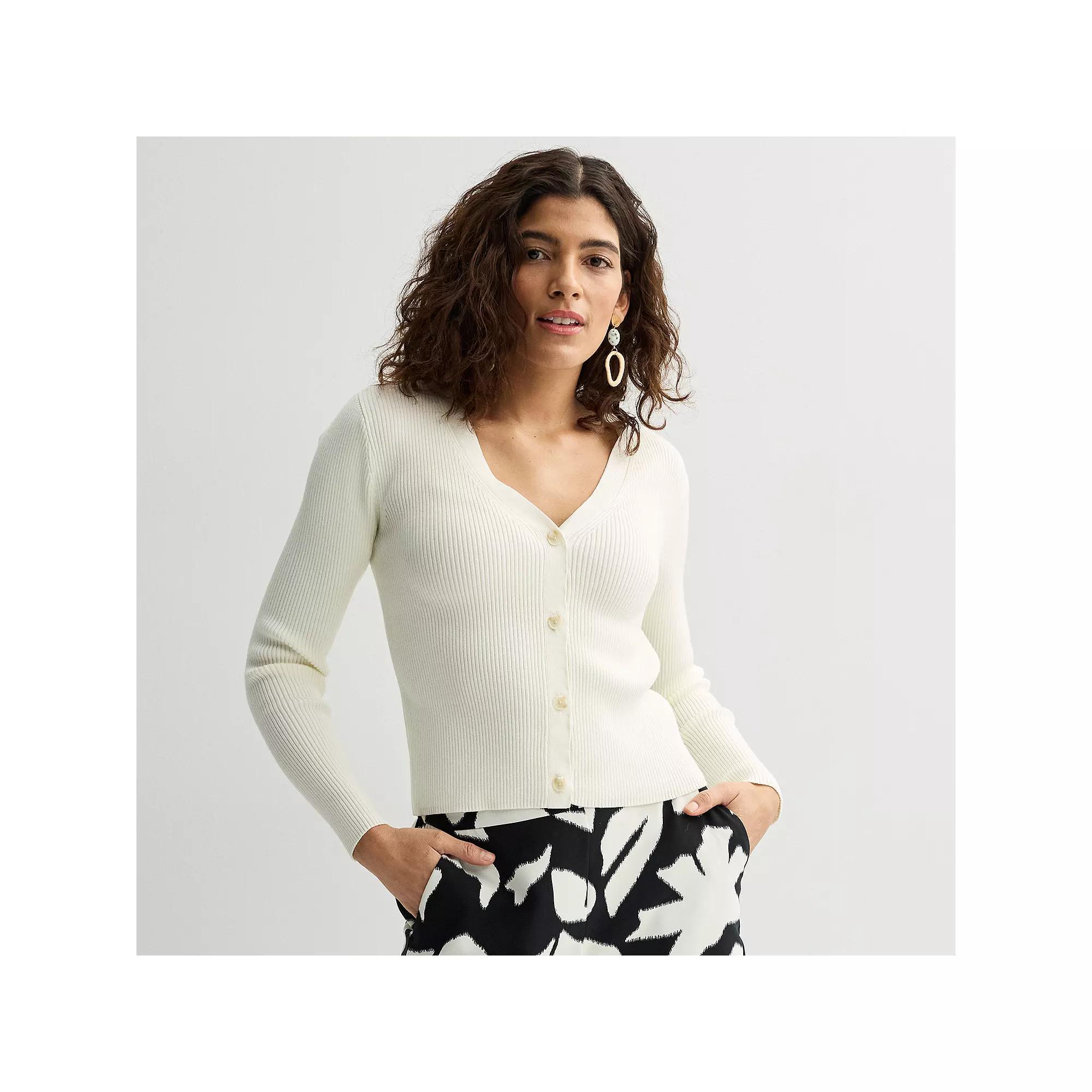 Women's Nine West Fitted Sweater Sculpt Ribbed Cardigan, Size: Large, Daisy Dew Product Image
