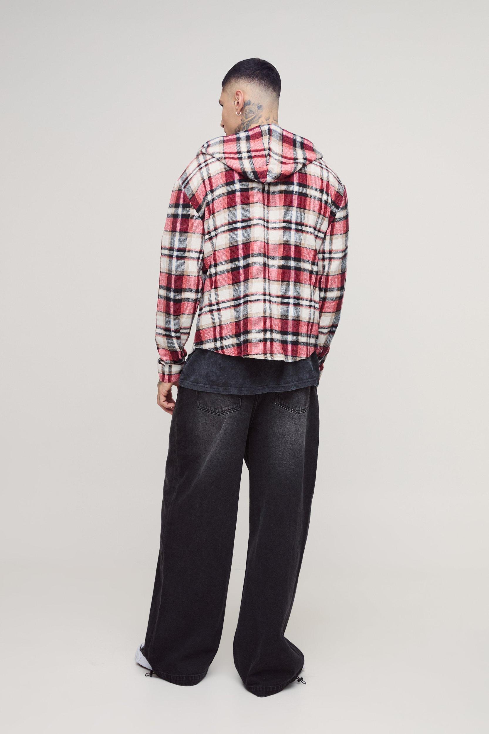 Tall Brushed Hooded PlaidShirt Jacket | boohooMAN USA Product Image