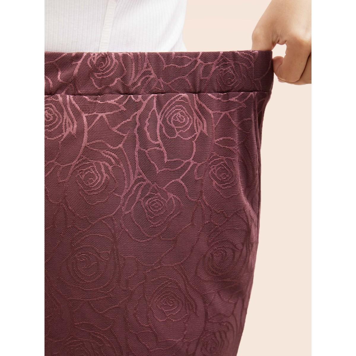 Plus Size Floral Textured Mesh Elastic Waist Skirt Women Deepred Casual See through Medium stretch Everyday Skirts BloomChic 30/6X Product Image