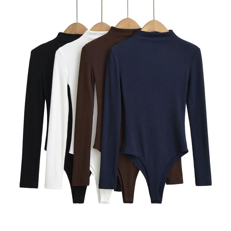 Long Sleeve Mock Neck Plain Bodysuit Top Product Image