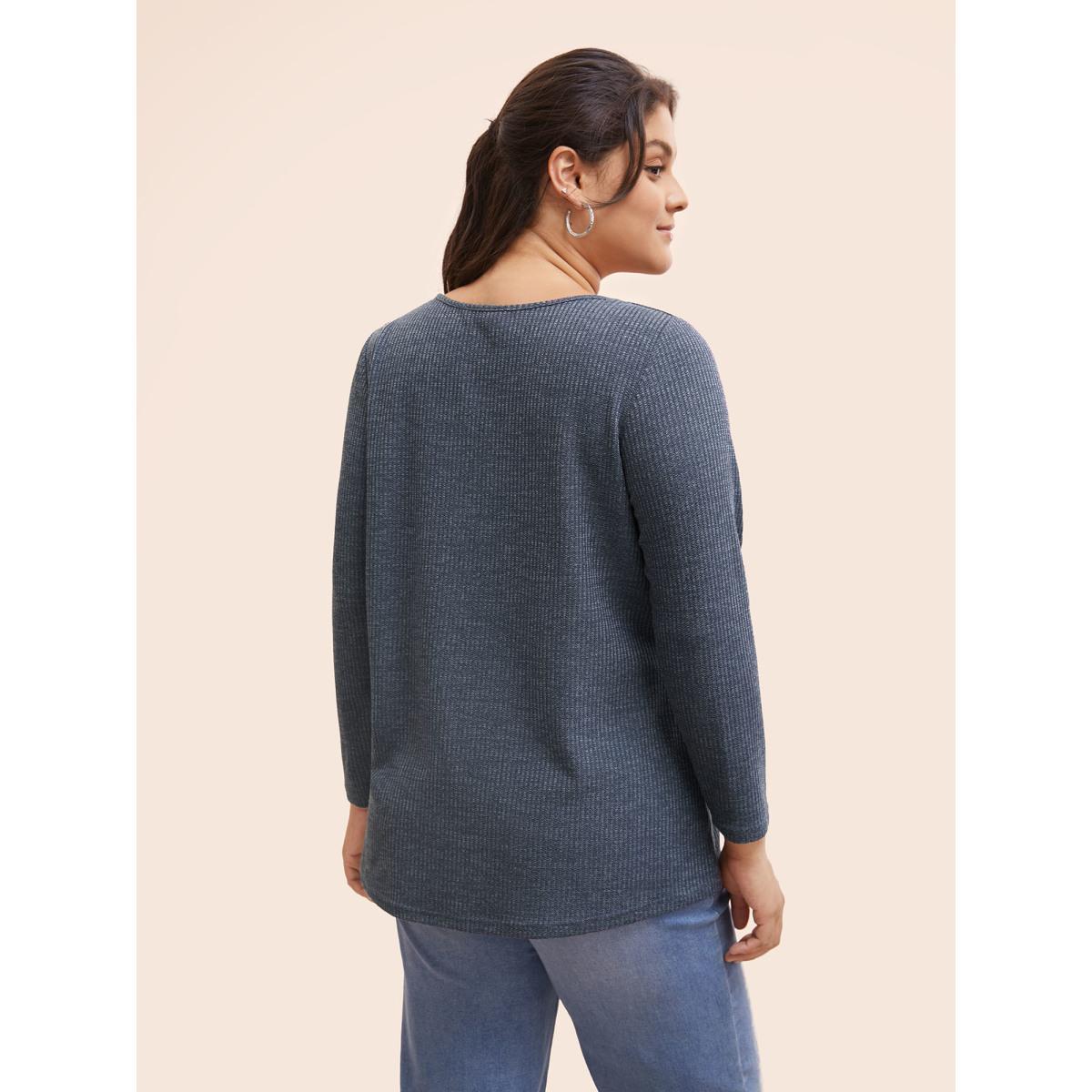 Plus Size Rib Knit Half Zip High Low Hem T-shirt Navy Women Casual Texture V-neck Everyday T-shirts BloomChic 18-20/2X Product Image