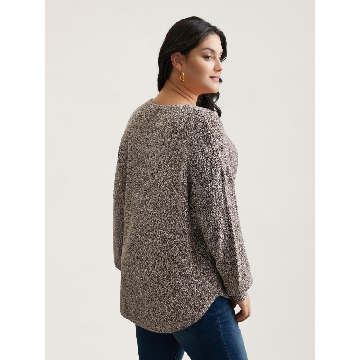 Plus Size Textured V-Neck Curved Hem Pullover DarkBrown Women Casual Loose Long Sleeve V-neck Everyday Pullovers BloomChic 28/5X Product Image