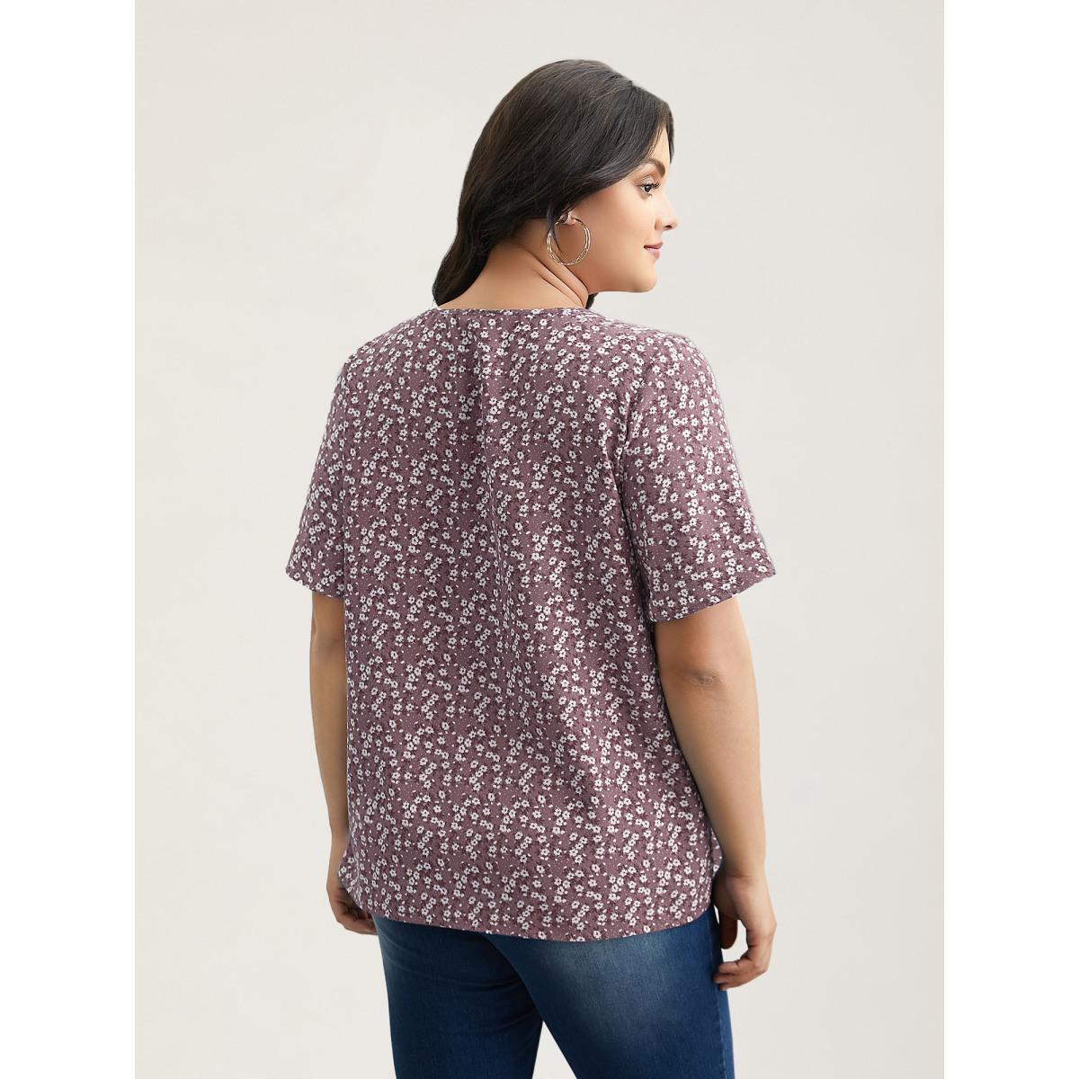 Plus Size Lilac Floral Ruffle Sleeve Gathered Round Neck Blouse Women Casual Short sleeve Round Neck Everyday Blouses BloomChic 30/6X Product Image