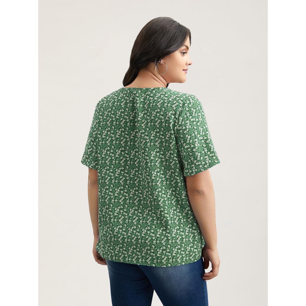 Plus Size Lilac Floral Ruffle Sleeve Gathered Round Neck Blouse Women Casual Short sleeve Round Neck Everyday Blouses BloomChic 30/6X Product Image