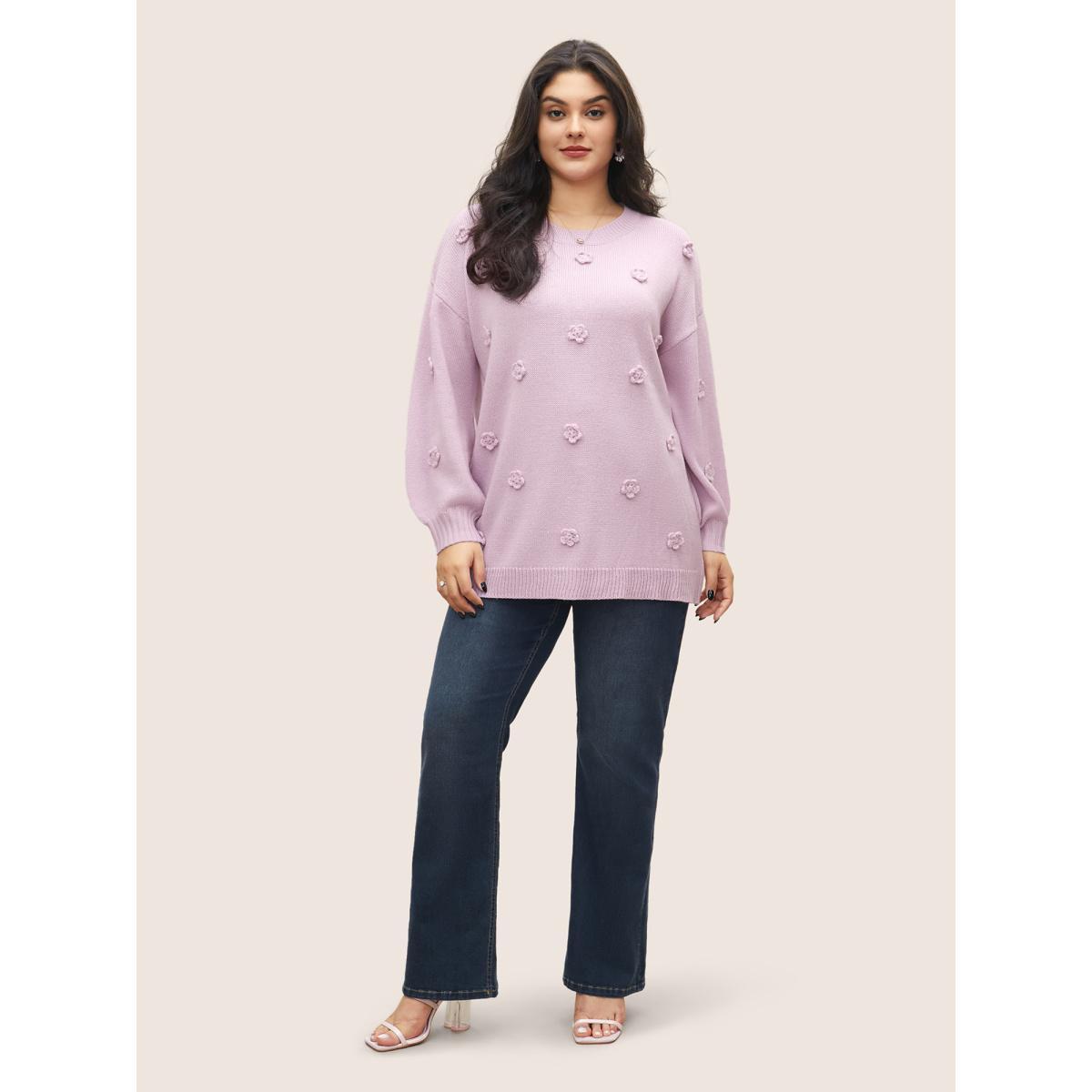 Plus Size Stereo Flower Design Drop Shoulder Pullover Lilac Women Elegant Long Sleeve Round Neck Everyday Pullovers BloomChic 22-24/3X Product Image