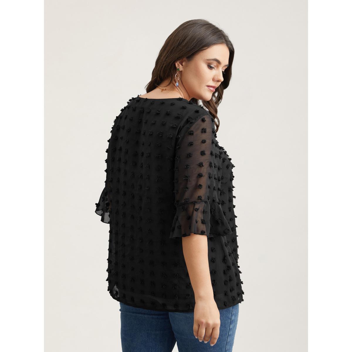 Plus Size Black Chiffon Polka Dot Round Neck Shirt Women Elegant Half Sleeve Round Neck Everyday Blouses BloomChic 28/5X Product Image