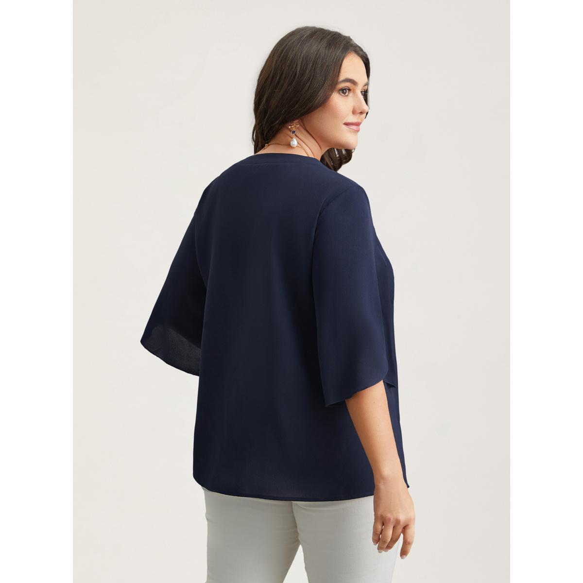 Plus Size Indigo Petal Sleeve Toothpick Pleats Shirt Women At the Office Elbow-length sleeve Notched collar Work Blouses BloomChic 14-16/1X Product Image
