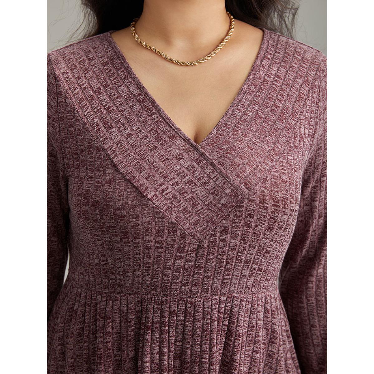 Plus Size Rib Knit Plain Plisse Long Sleeve Dress Purple Women Casual Rib Knit V-neck Long Sleeve Curvy Midi Dress BloomChic 12/L Product Image