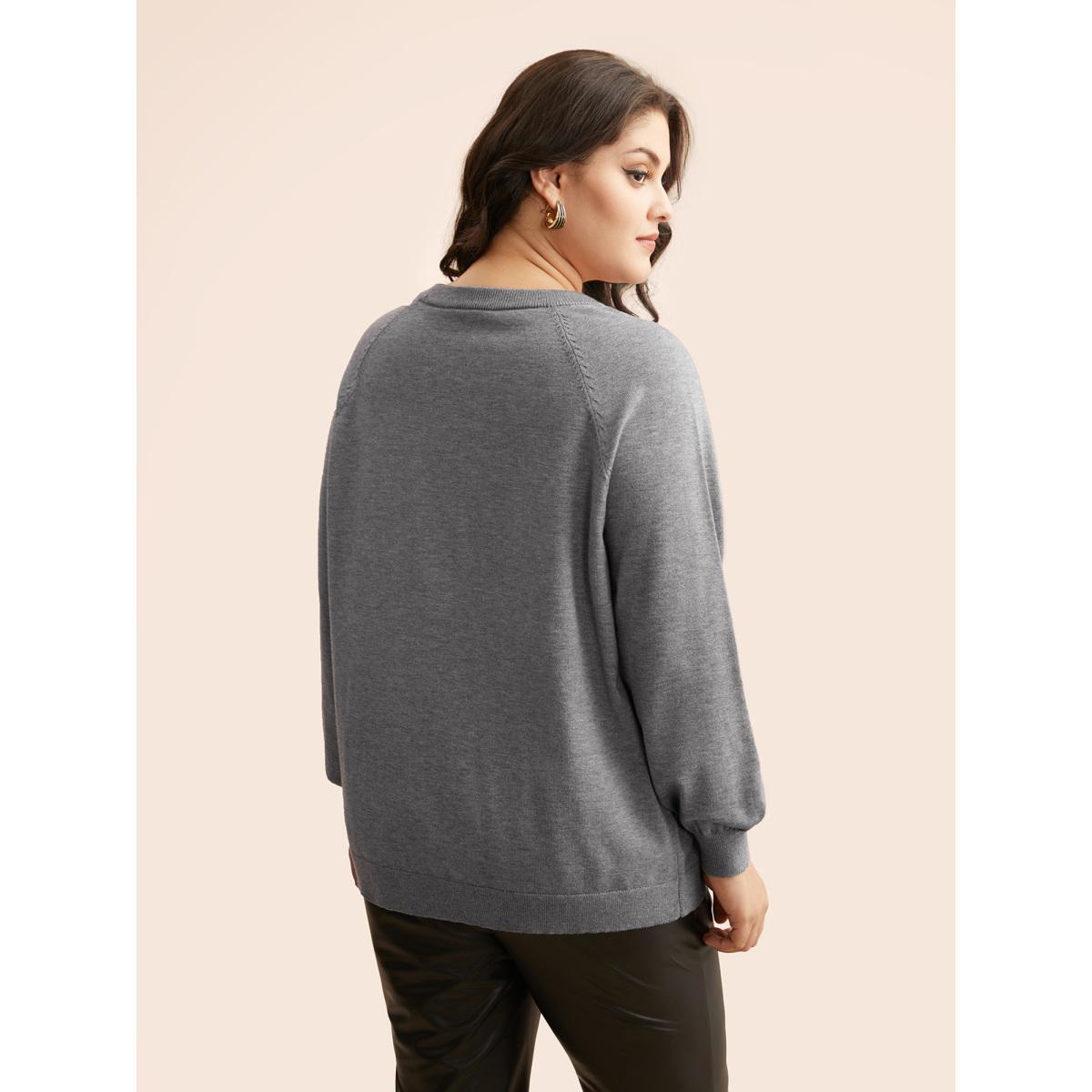 Plus Size Plain Keyhole Puff Sleeve Pullover DarkGray Women Casual Long Sleeve Round Neck Everyday Pullovers BloomChic 14-16/1X Product Image