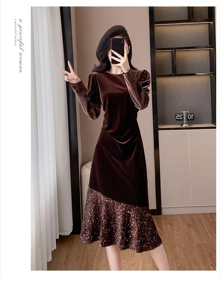 Long Sleeve Round Neck Velvet Sequin Hem Midi A-Line Dress Product Image