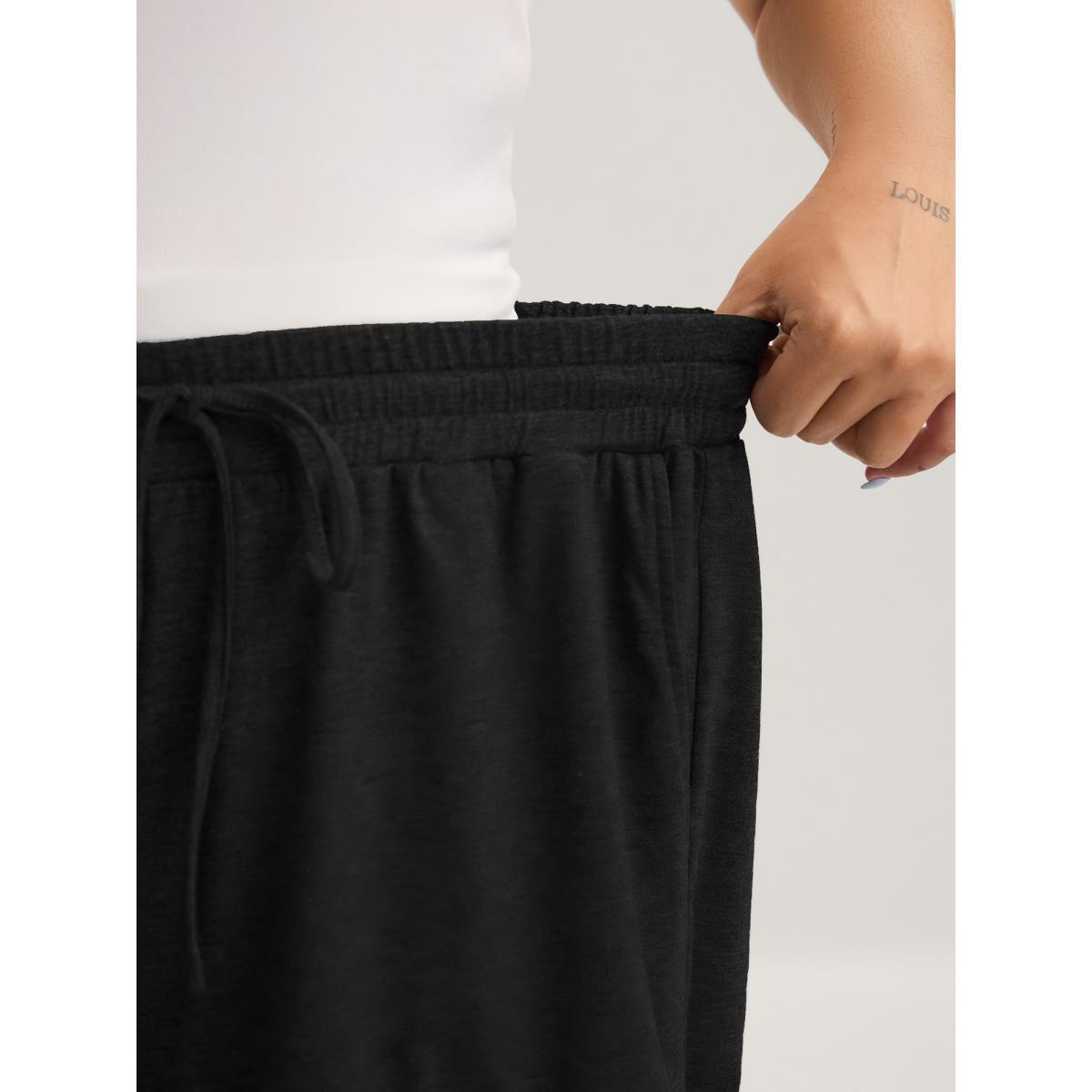 Plus Size Supersoft Mixed Color Knit Drawstring Ruffled Shorts Women Black Casual Drawstring Wide Leg Everyday-Casual Shorts BloomChic 26/4X Product Image