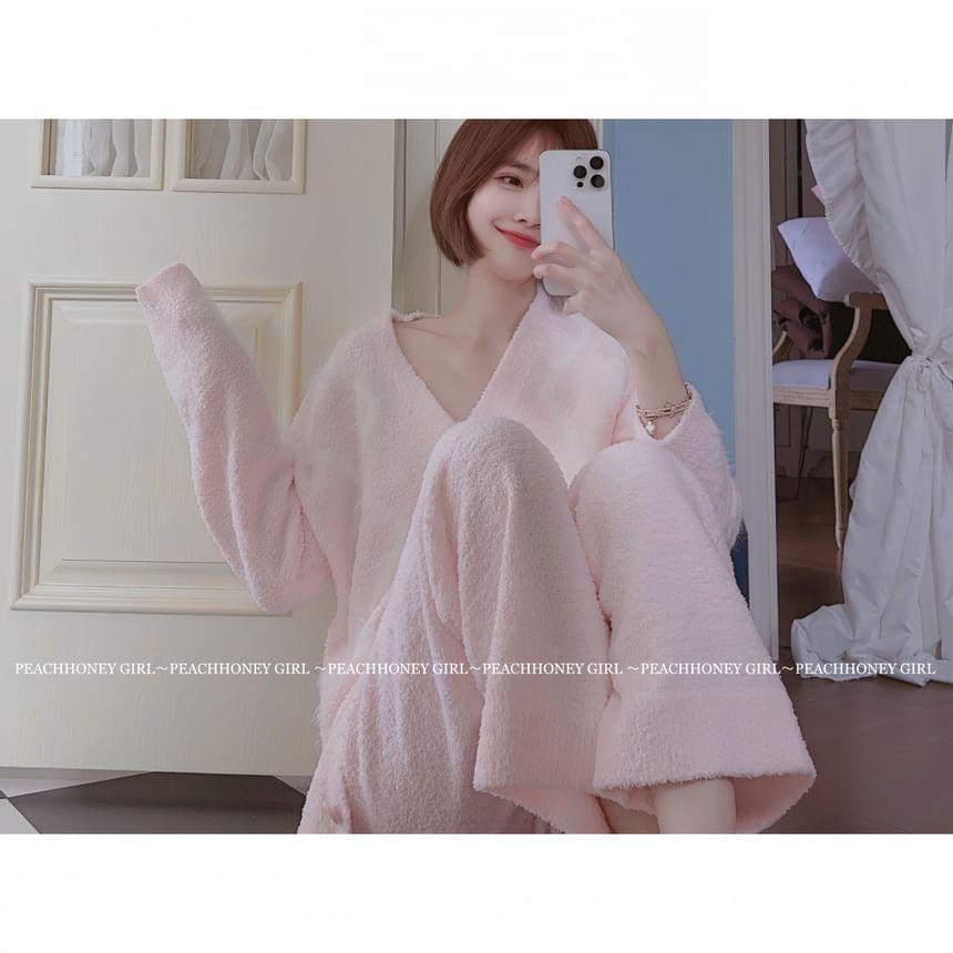 Set: Button-Up Plain Cardigan + Pants Product Image