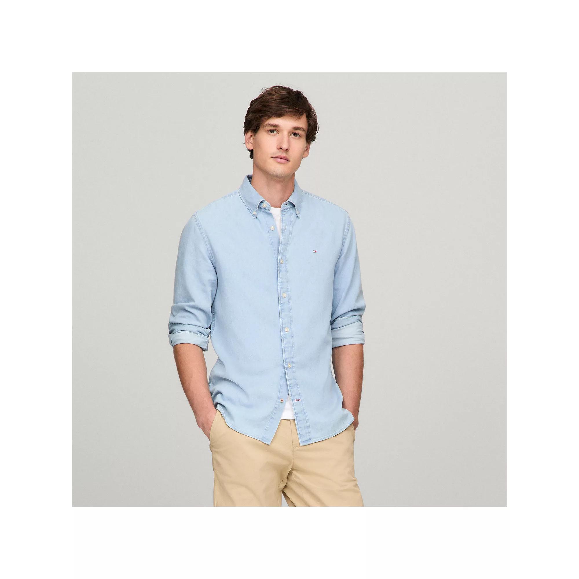 Men's Tommy Hilfiger Natural Plaid Soft Poplin Shirt, Size: XXL, Light Wash Blue Product Image