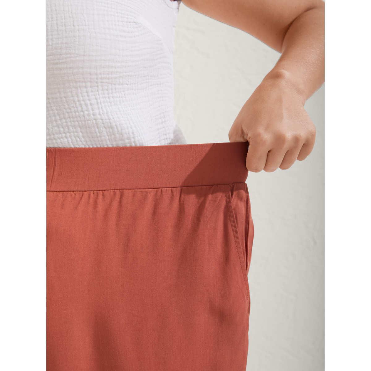 Plus Size Lace Trim Plain Straight-Leg Pants Women Rust Resort Straight Leg Mid Rise Vacation Pants BloomChic 12/L Product Image