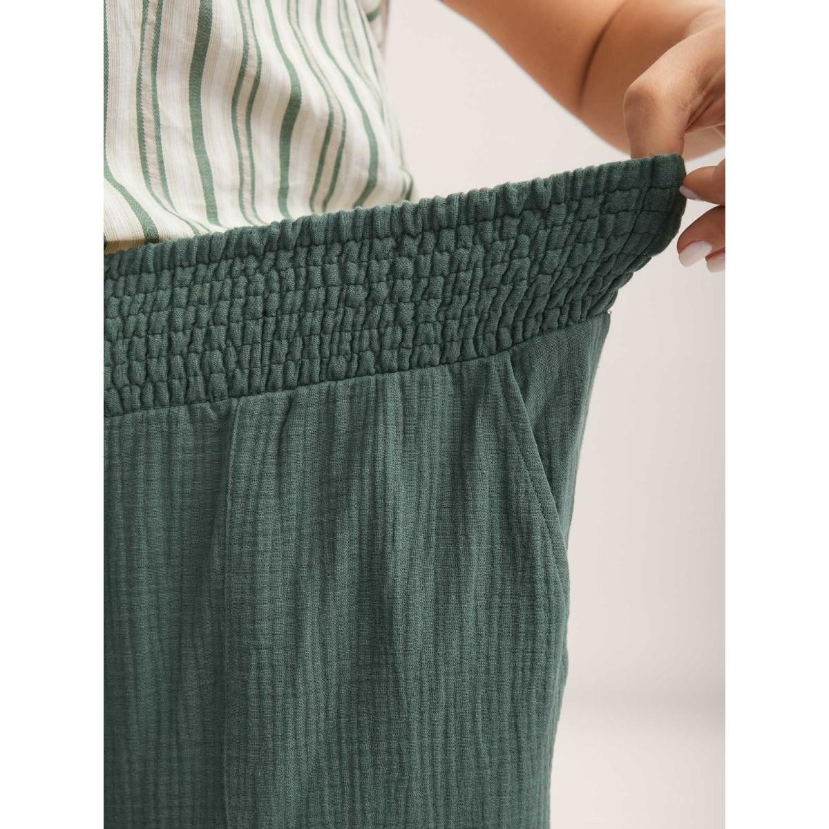 Plus Size Cotton Shirred Textured Wide-Leg Pants Women Teal Resort Wide Leg Mid Rise Vacation Pants BloomChic 22-24/3X Product Image