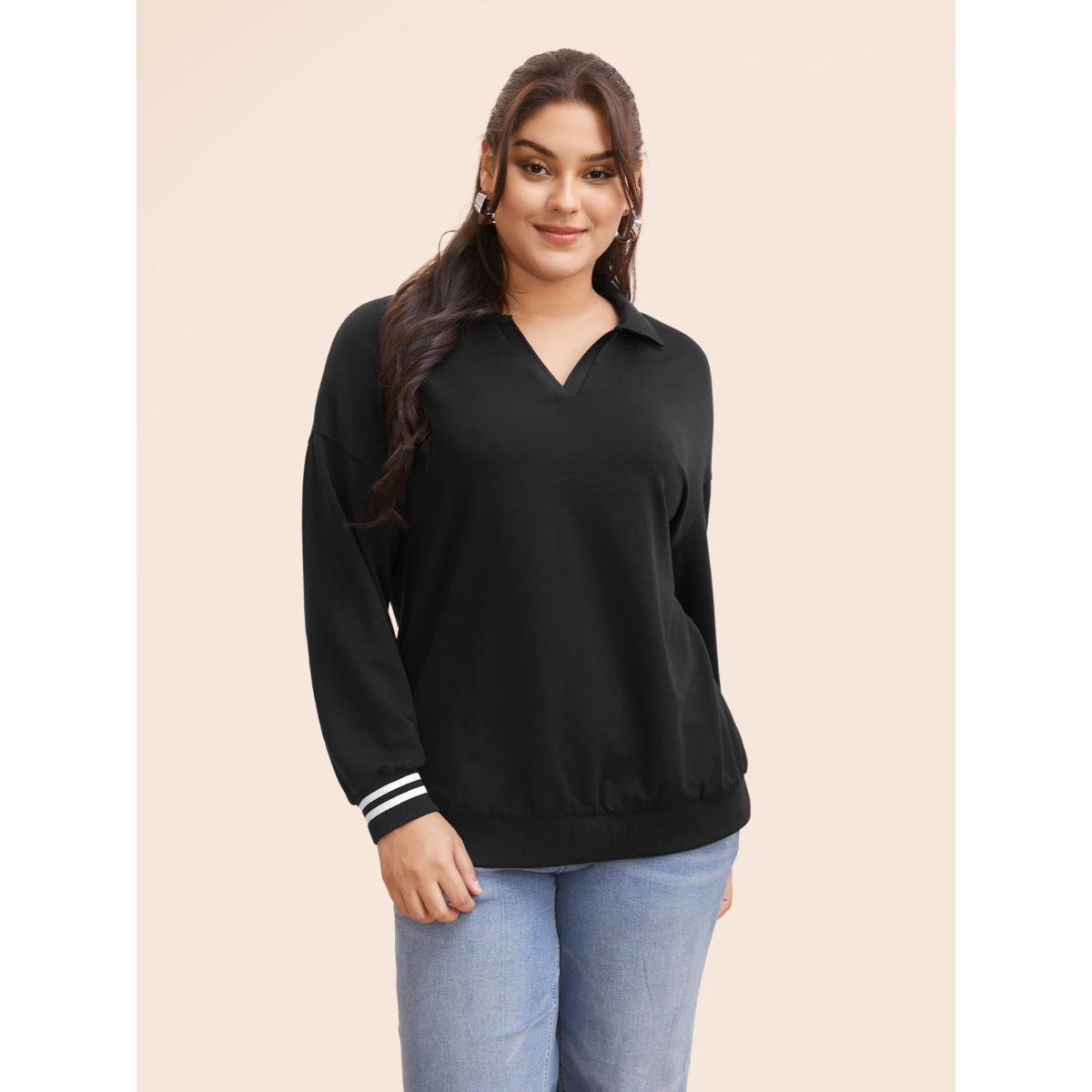 Plus Size Polo Neck Contrast Trim Drop Shoulder Sweatshirt Women Black Casual Contrast Polo Everyday Sweatshirts BloomChic 12/L Product Image