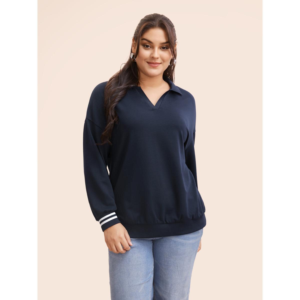 Plus Size Polo Neck Contrast Trim Drop Shoulder Sweatshirt Women Midnight Casual Contrast Polo Everyday Sweatshirts BloomChic 18-20/2X Product Image
