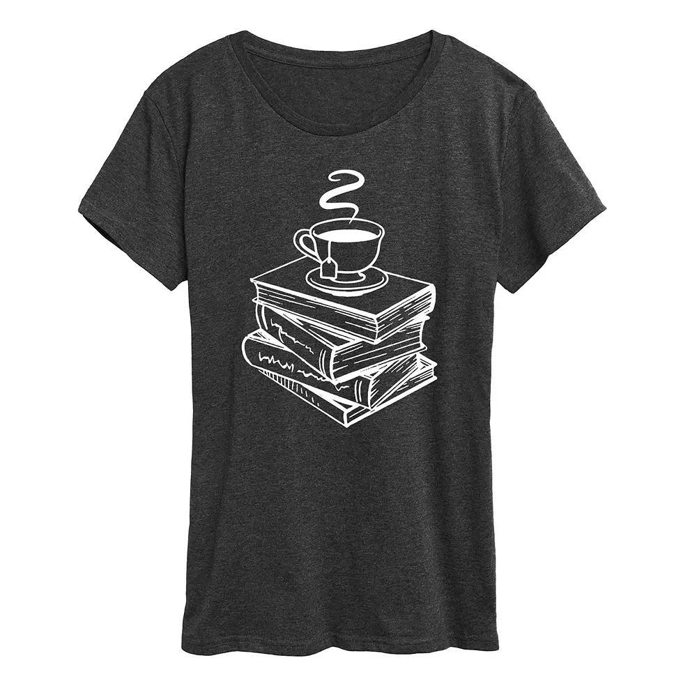 Womens Tea And Stacked Books Graphic Tee, Girls Grey Blue Product Image