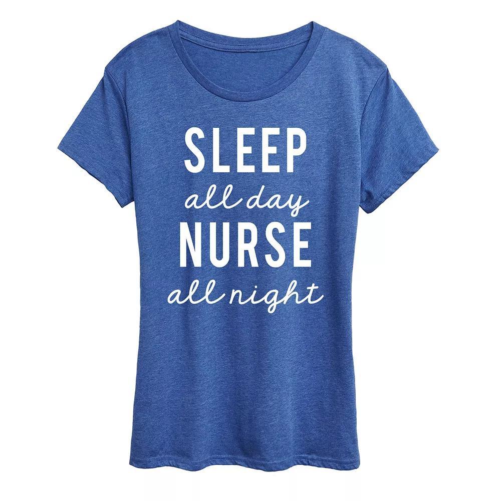 Womens Sleep All Day Nurse All Night Graphic Tee, Girls Grey Blue Product Image