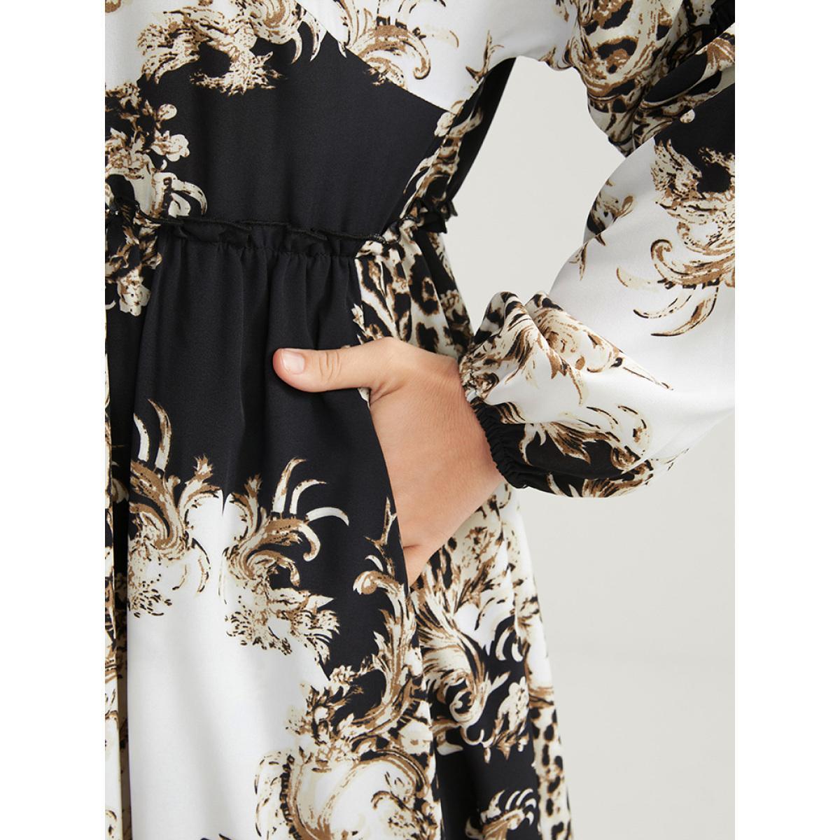Plus Size Leopard Pocket Button Detail Lantern Sleeve Split Dress Black Women Office Pocket Shirt collar Long Sleeve Curvy Long Dress BloomChic 22-24/3X Product Image