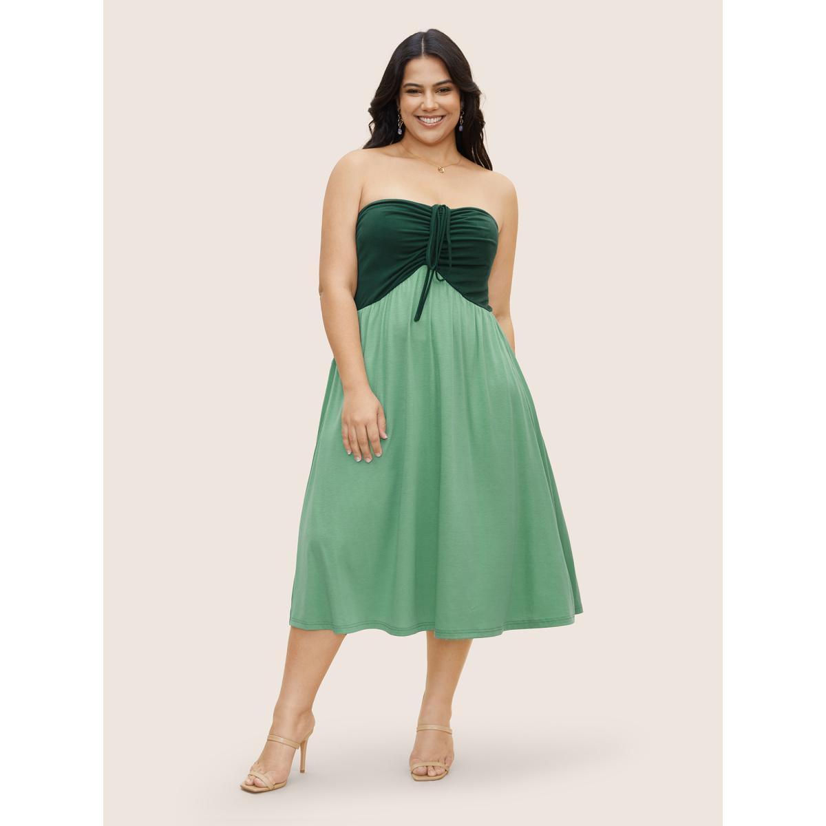 Plus Size Everywhere Dress - Two Tone Drawstring Dress Palemauve Women Elegant Patchwork Non Cap Sleeve Curvy BloomChic 12/L Product Image