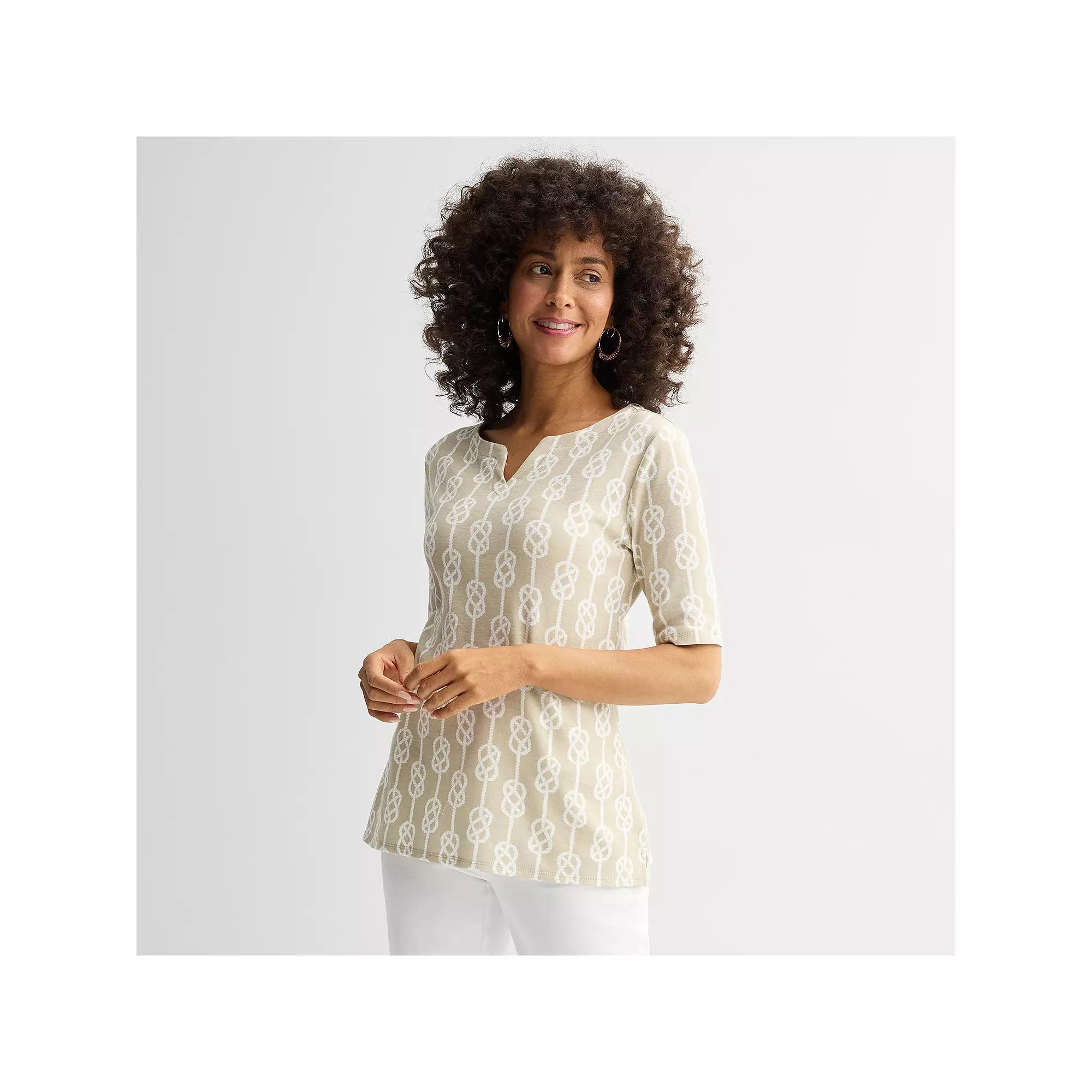 Women's Croft & Barrow® Elbow-Sleeve Splitneck Top, Size: Medium, Pink Tidy Stripe Product Image
