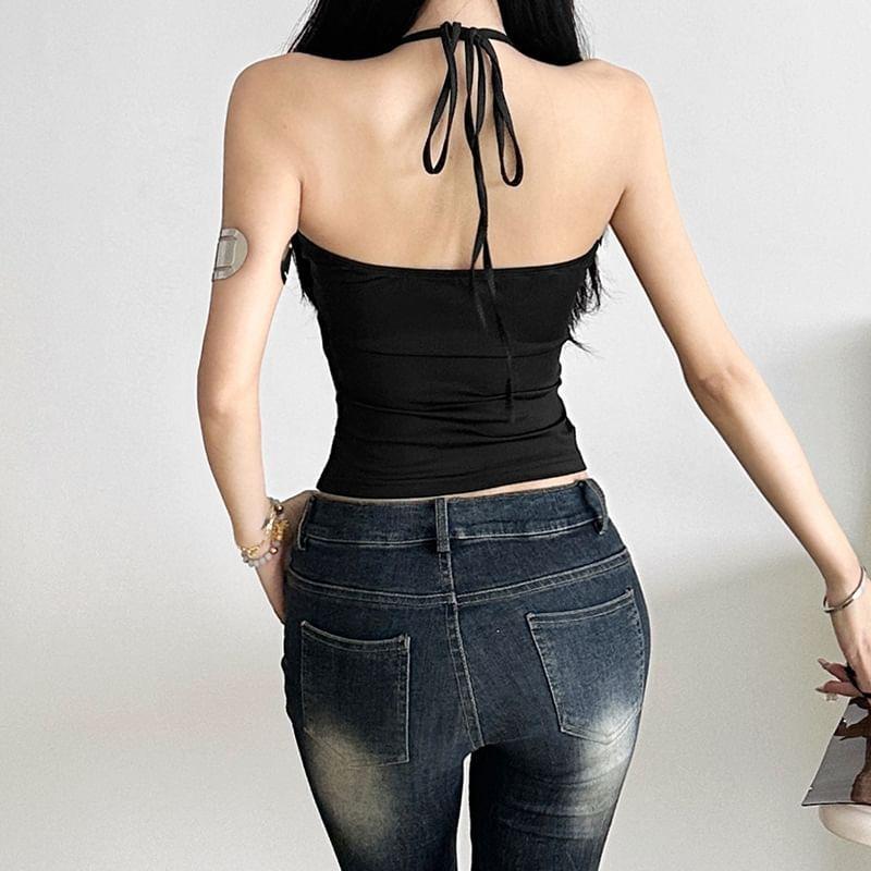 Halter Neck Cutout Plain Crop Top Product Image