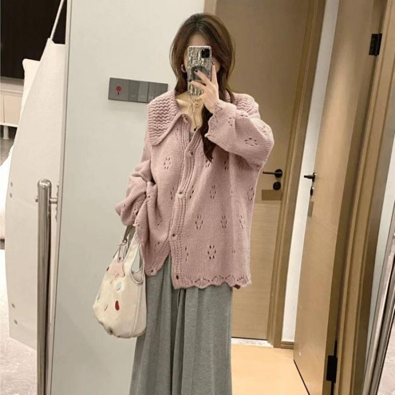 Collar Plain Pointelle Knit Oversized Cardigan Product Image