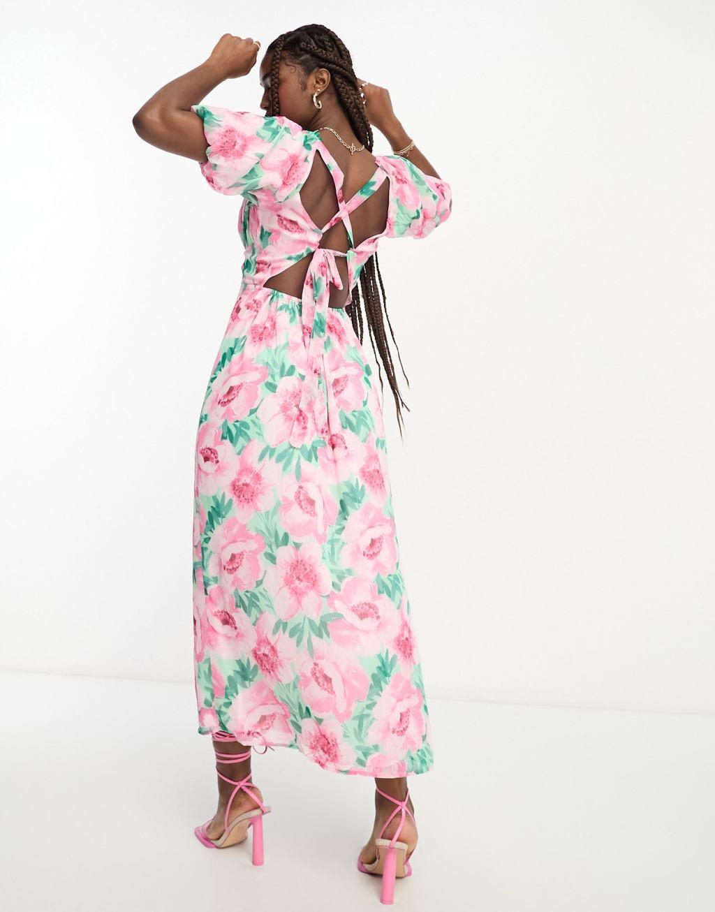 Miss Selfridge chiffon puff sleeve maxi dress with back detail Product Image