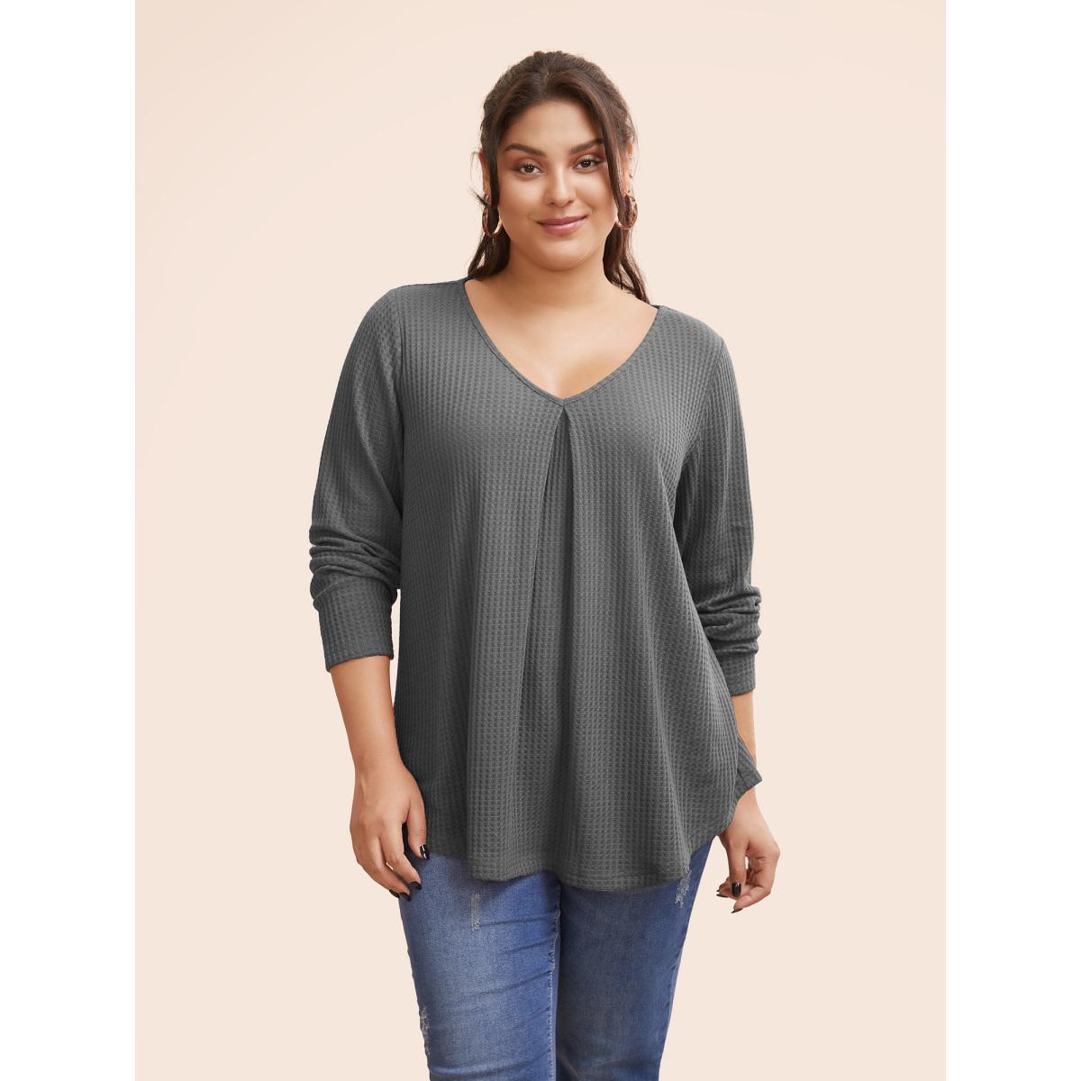 Plus Size Plain Waffle Knit Scoop Neck Plicated Detail T-shirt Russet Women Casual Non Plain V-neck Everyday T-shirts BloomChic 30/6X Product Image