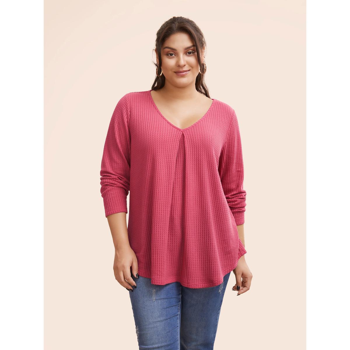 Plus Size Plain Waffle Knit Scoop Neck Plicated Detail T-shirt Salmon Women Casual Non Plain V-neck Everyday T-shirts BloomChic 14-16/1X Product Image