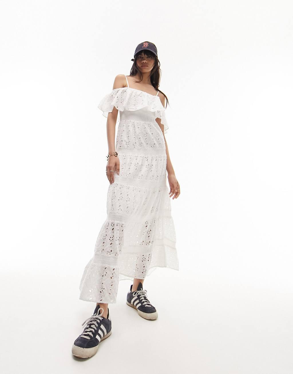 Topshop strappy broderie maxi dress with frill neck Product Image