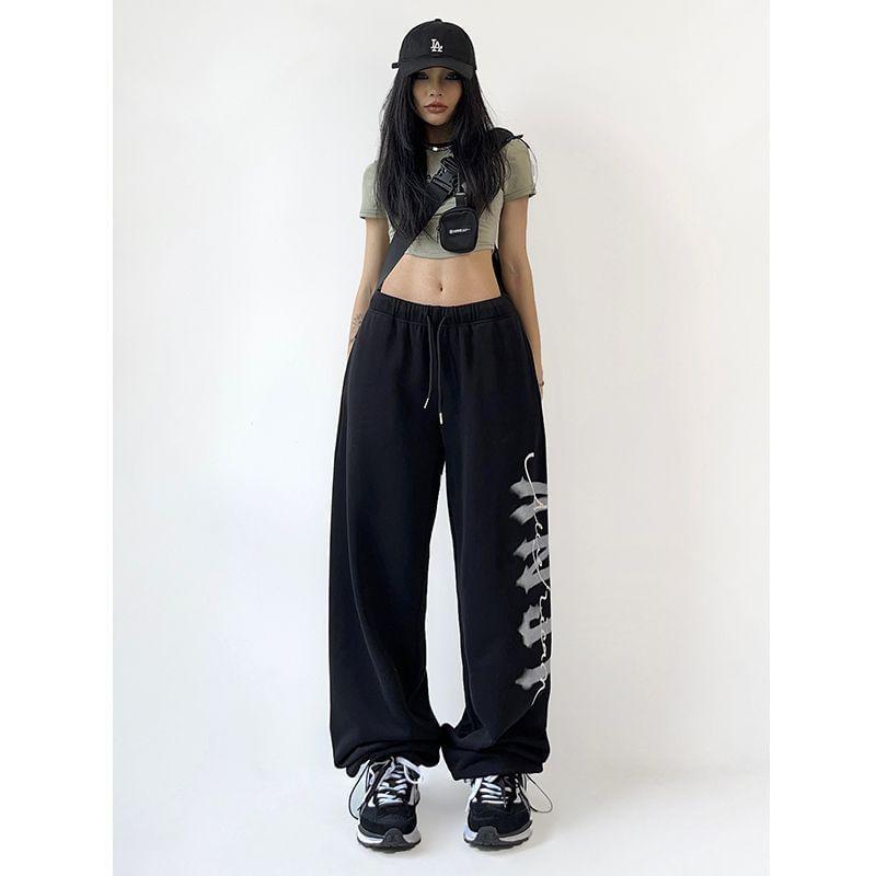 Drawstring Waist Lettering Wide Leg Sweatpants Product Image