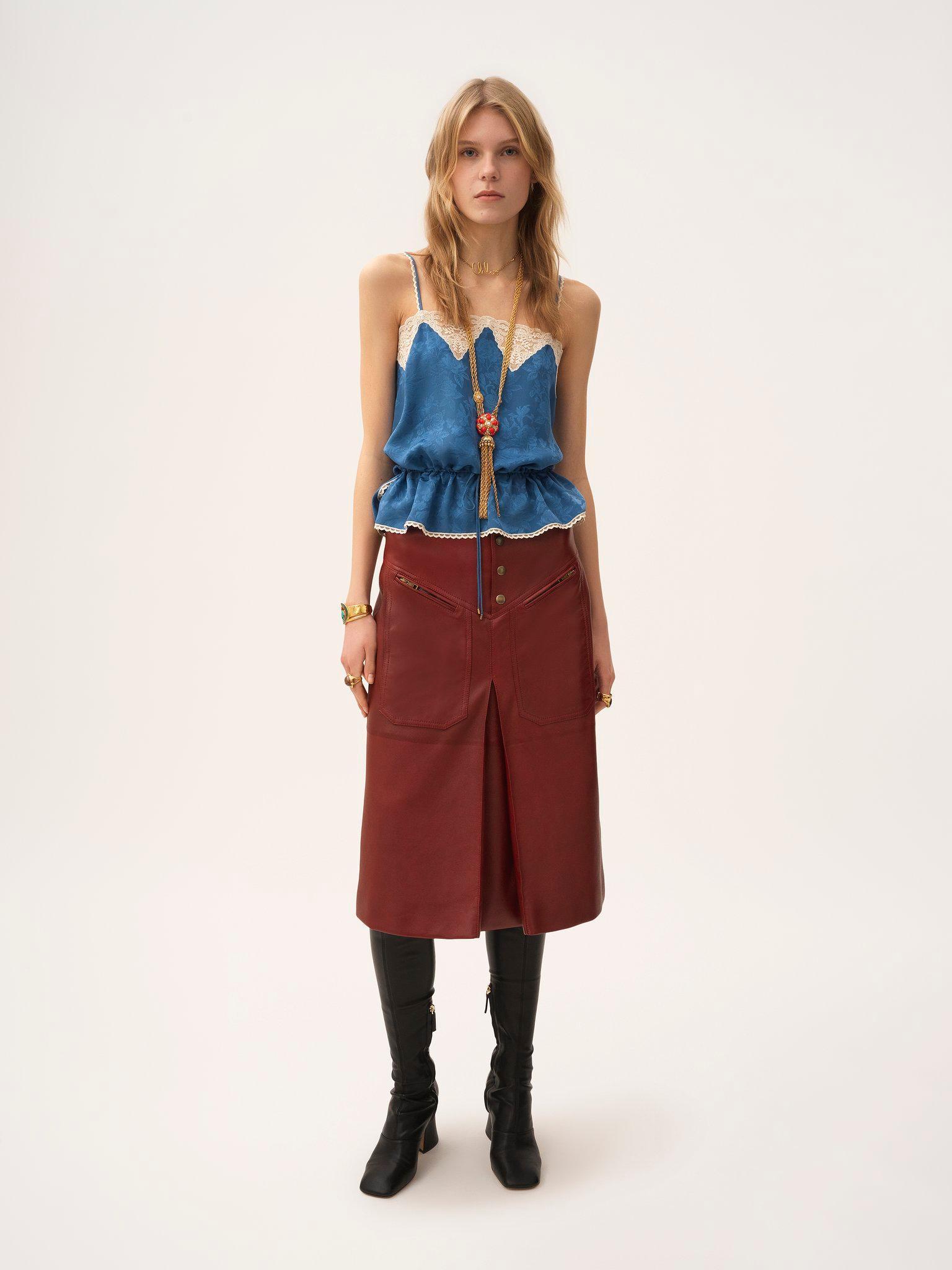 Drawstring camisole top in silk jacquard & lace Product Image