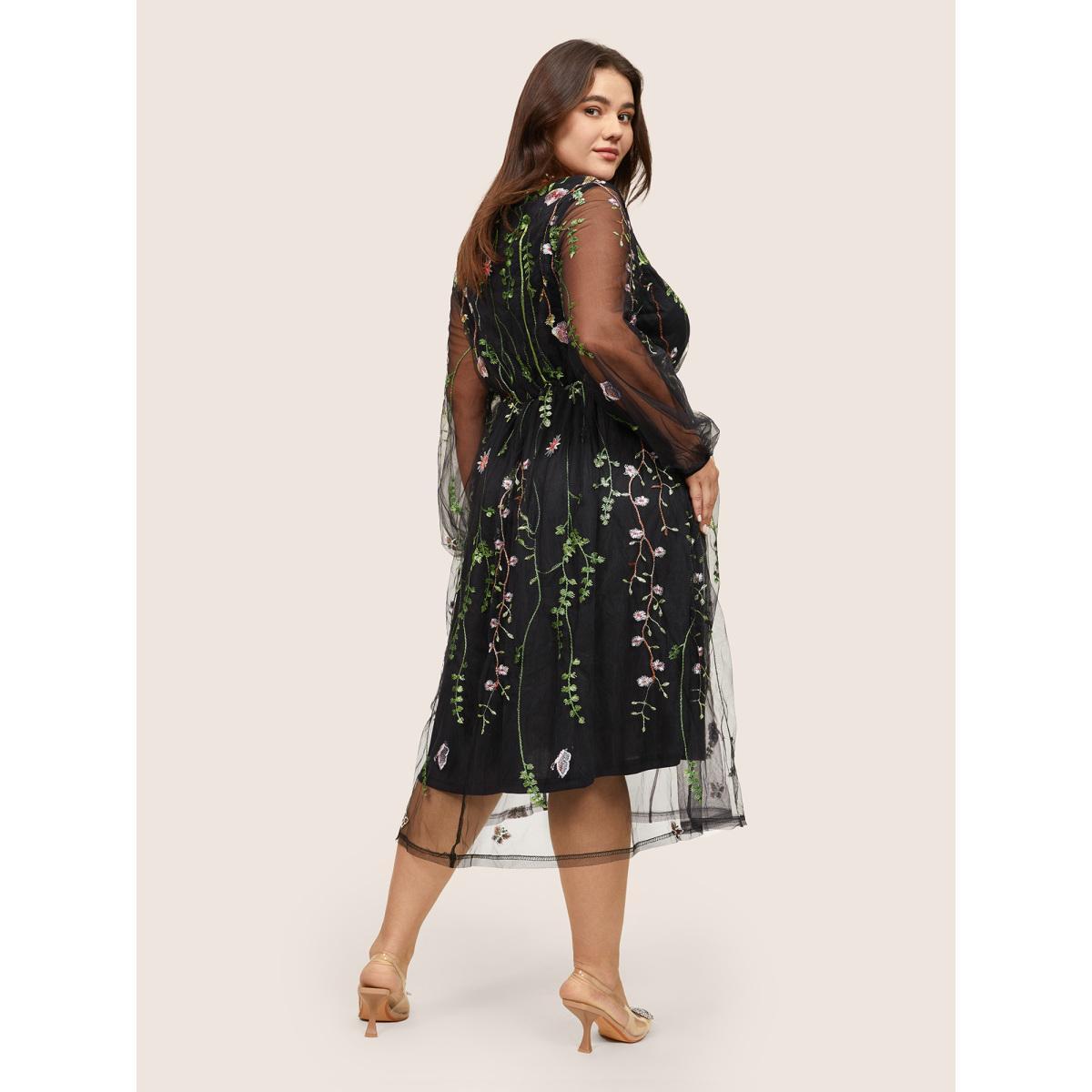 Plus Size Floral Embroidered Mesh Pocket Lantern Sleeve Dress Black Women Cocktail Elastic cuffs Round Neck Long Sleeve Curvy Midi Dress BloomChic 22-24/3X Product Image