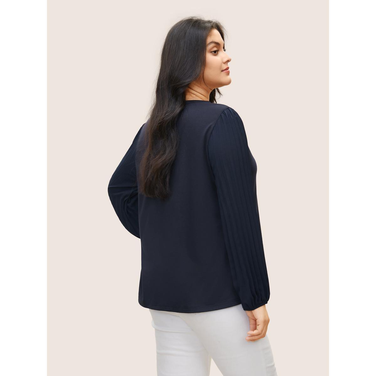 Plus Size Solid Lantern Sleeve Patchwork Pleated T-shirt Midnight Women Casual Pleated Plain V-neck Everyday T-shirts BloomChic 18-20/2X Product Image