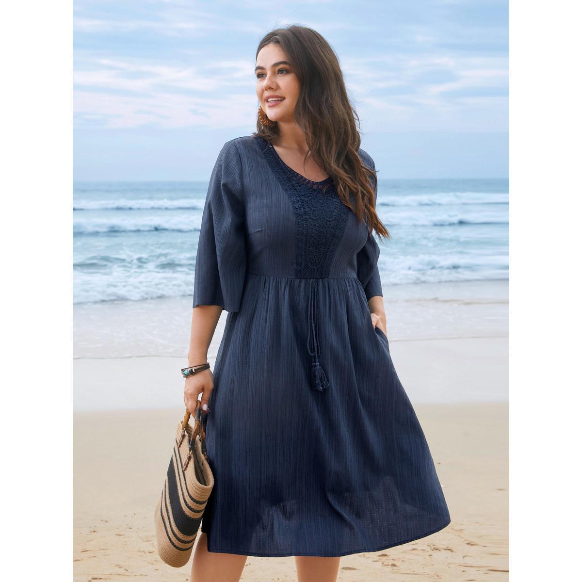 Plus Size Textured Lace Patchwork Waist-Cinched Midi Dress DarkBlue Women Casual Woven ribbon&lace trim V-neck Elbow-length sleeve Curvy BloomChic 22-24/3X Product Image