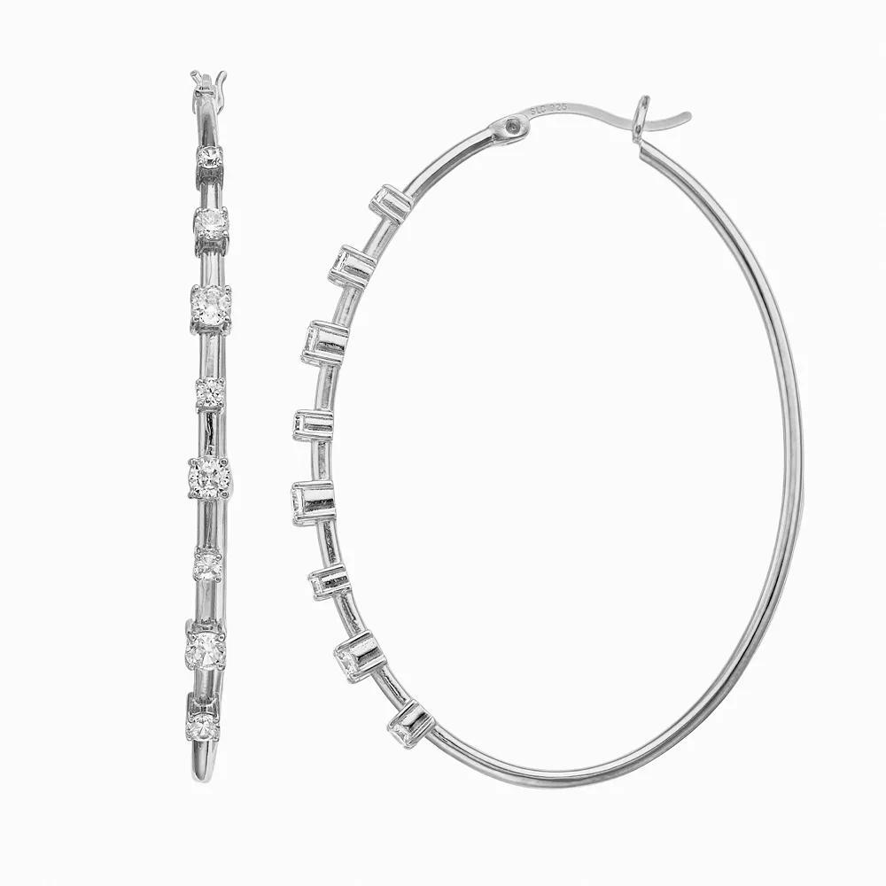 Cubic Zirconia Oval Hoop Earrings, Women's, Silver Tone Product Image